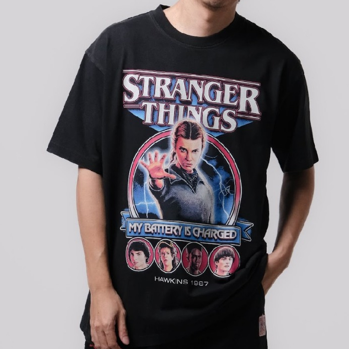 era-won เสื้อยืดเอราวอนแขนสั้น T-Shirt Oversize สกรีน era-won x stranger things สี ดำฟอก สกรีน ลาย My Battery is charged