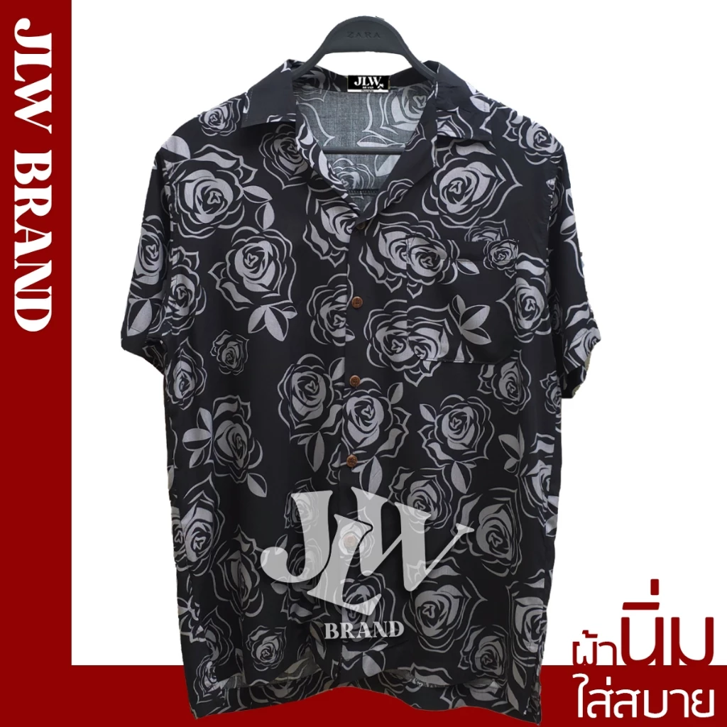 เสื้อฮาวาย ลายกุหลาบดำ ผ้านิ่ม M L XL Oversize คอฮาวาย JLW BRAND
