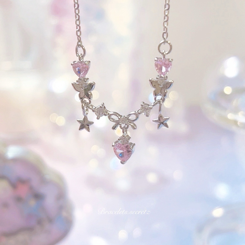 ❄️🎀 ลด100฿ ❄️🩷 โค้ดหน้าร้าน🩷 RibbonFrozen 💗 สร้อยคอชุบเงินแท้92.5% สร้อยคอโบว์ คริสตัลชมพู หัวใจชมพู