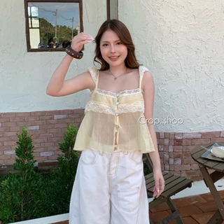 crop..shop สายเดี่ยว งานดูดี สวยคุณหนูสุดๆ ผ้าบางพริ้วไหว เเต่งระบาย งานกระดุม เก๊มากก
