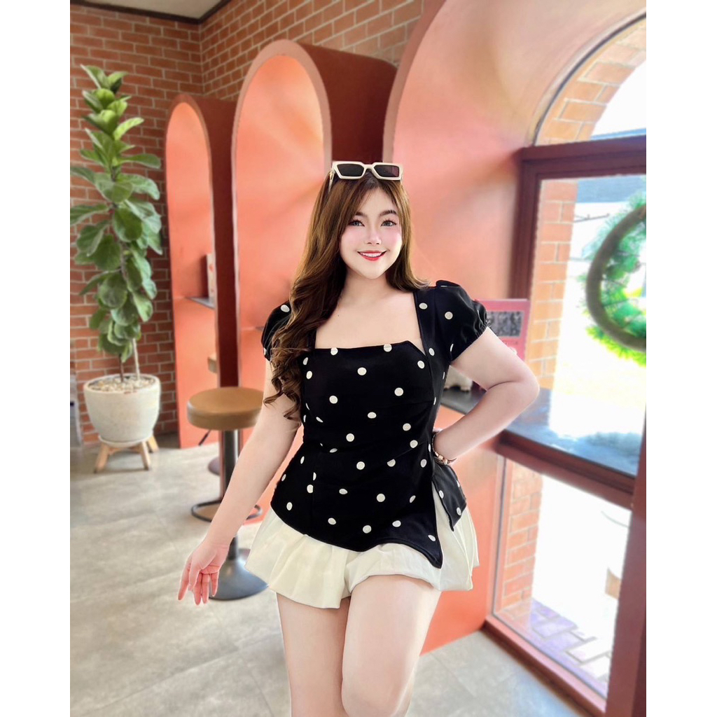 เสื้อคอเหลี่ยมลายโพกาดอท อก 38-46 ยาว25 มี5สี  ผ้าวูฟเวฟสาวอวบ ราคา ถูกที่สุด ดีลบีเคเค แกลเลอรีภาพที่ 4