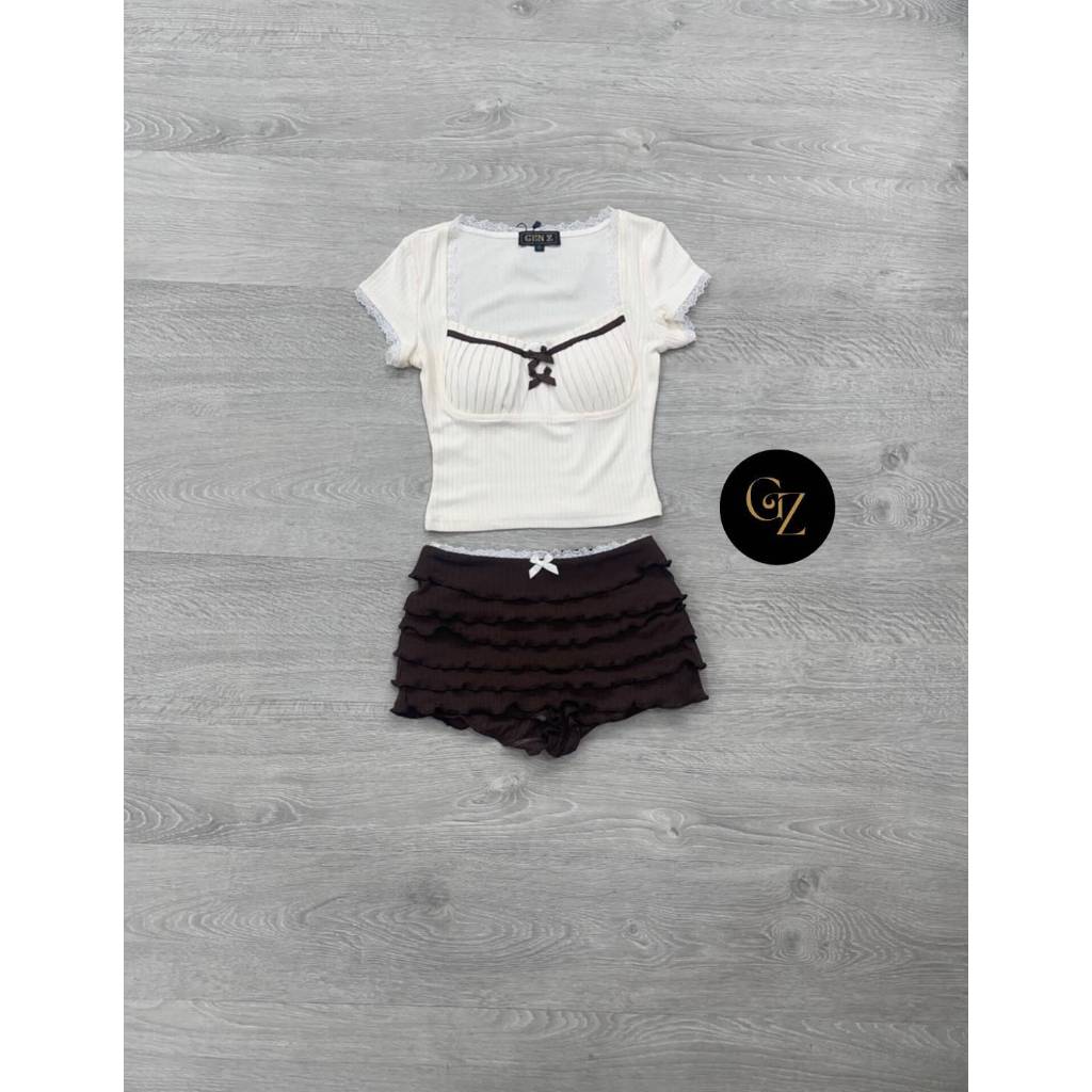 GEN Z Setเสื้อแขนสั้นแต่งลูกไม้ผ้านิ่ม - รูปที่ 5