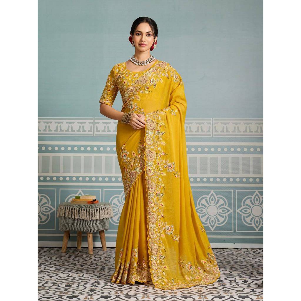 Saree Fabric. Soft Star Georgette Work Embroidery Cutwork work aarco border Cut  5.5 mtr Fabric.:- S