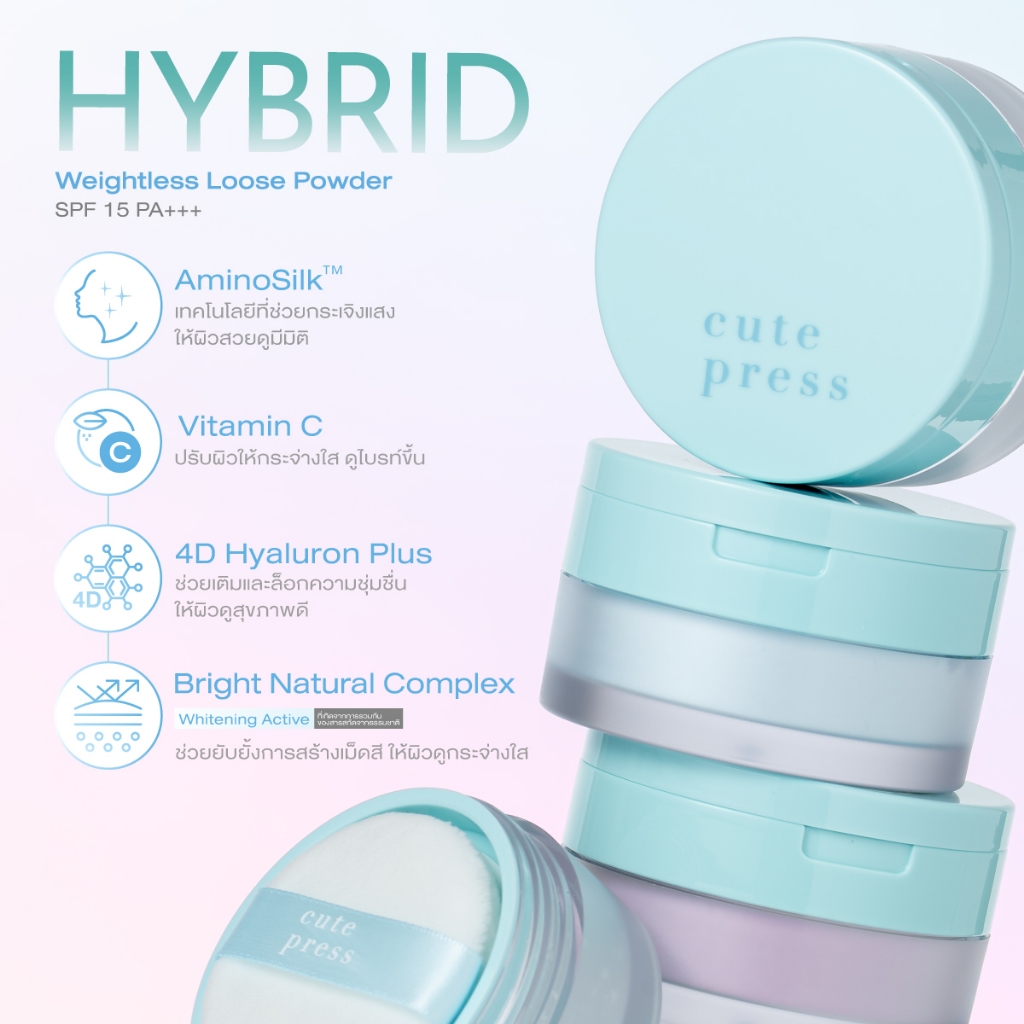 Cute Press Hybrid Foundation คู่ Loose Powder เมคอัพสูตรคลีนผสานสกินแคร์ (ทรานสลูเซนท์ ไวโอเล็ท) - รูปที่ 6