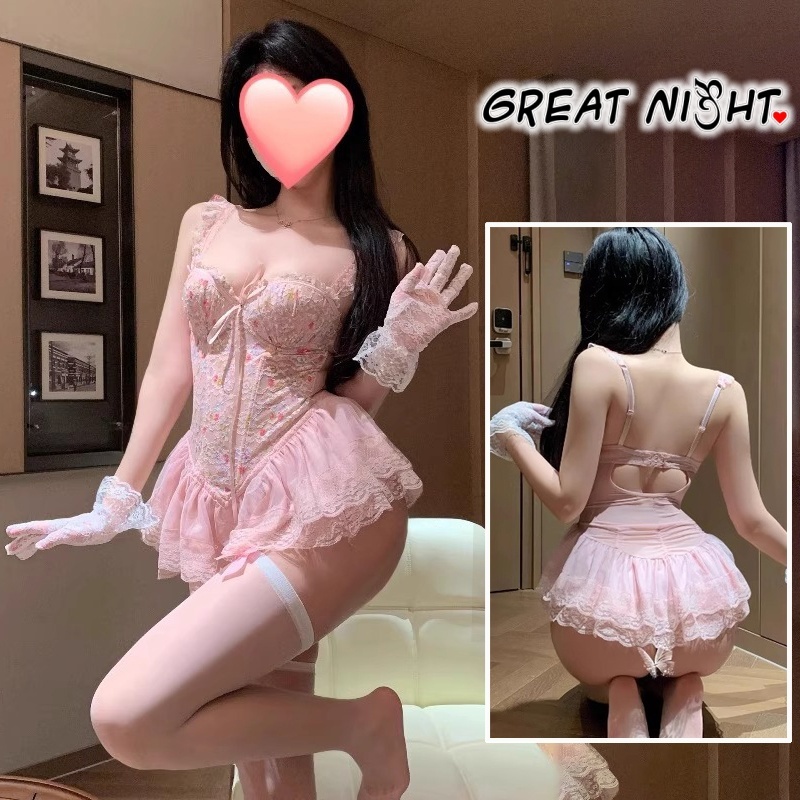 💓Great Night💓คอวีลึก กระโปรงนอน คุณภาพสูง เดรสเซ็กซี่ สไตล์หวานๆ การตกแต่งดอกไม้ การตกแต่งด้วยลูกไม้ พร้อมส่งจากไทย