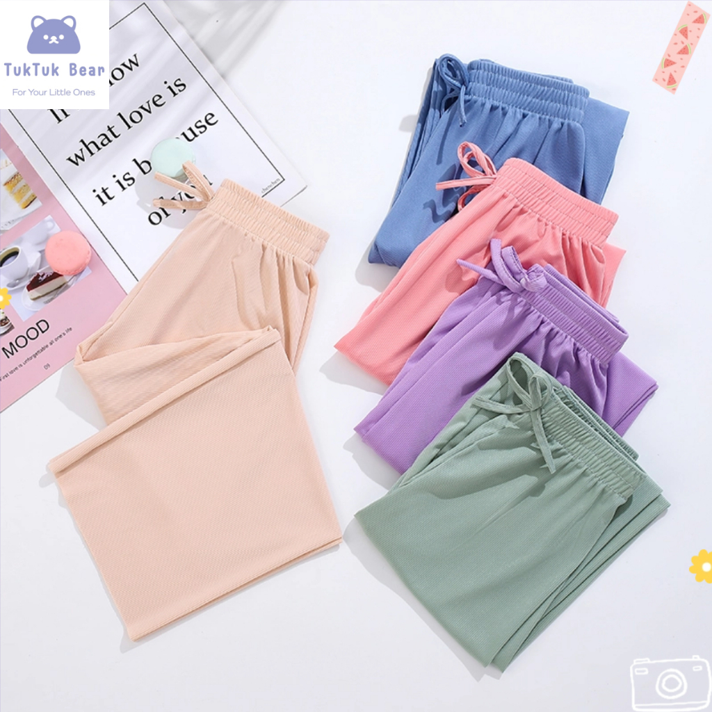 กางเกงลำลองเด็กผู้หญิง กางเกงขายาวเด็ก ขากว้าง ทรงหลวม สีพื้น เอวยาง พร้อมส่ง