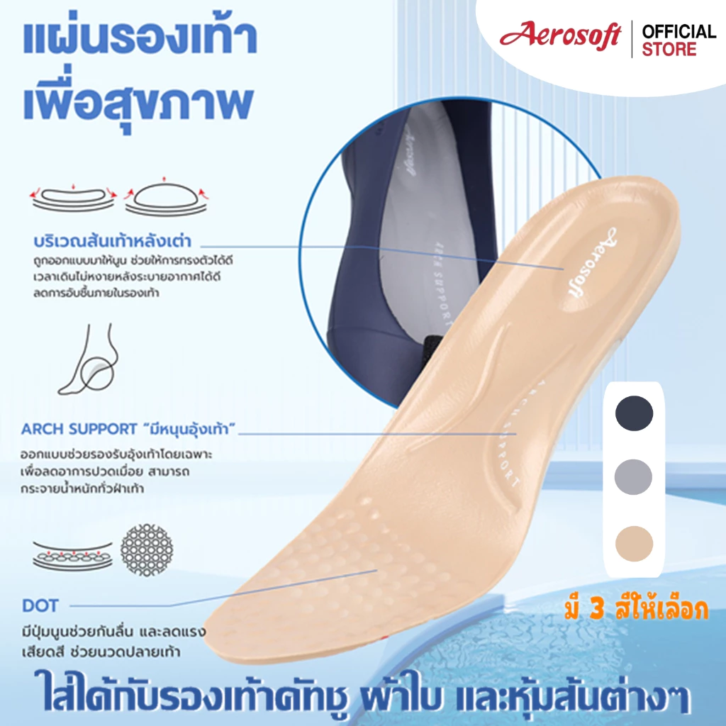 Aerosoft แผ่นรองเท้าเพื่อสุขภาพ แผ่นเสริมรองเท้า แก้รองช้ำ มีหนุนอุ้งเท้า นุ่ม ใส่สบาย Aerosoft PUW0601