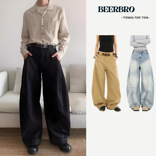 beerbroth-กางเกงยีนส์ขายาวผู้ชาย แต่งช่องสอดเข็มขัด ขากว้าง ทรงหลวม สไตล์ Hiphop baggy jeans แฟชั่นแมทช์ง่าย
