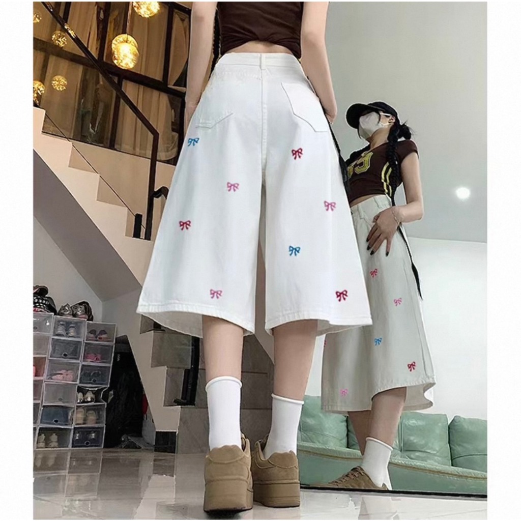 พร้อมส่ง S-10XL กางเกงยีนส์ 7 ส่วน 4 กระเป๋า งานปักโบว์ ผ้ายีนส์นิ่มไม่บางระบายอากาศได้ดี ราคา ถูกที่สุด ดีลบีเคเค แกลเลอรีภาพที่ 3