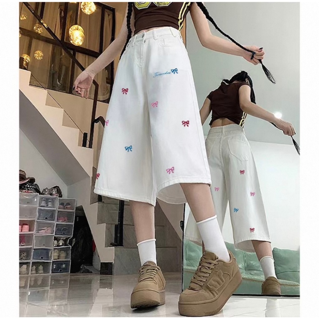 พร้อมส่ง S-10XL กางเกงยีนส์ 7 ส่วน 4 กระเป๋า งานปักโบว์ ผ้ายีนส์นิ่มไม่บางระบายอากาศได้ดี ราคา ถูกที่สุด ดีลบีเคเค แกลเลอรีภาพที่ 6