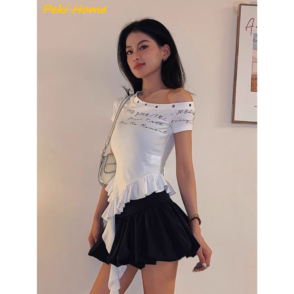 เสื้อยืดแขนสั้นลายลูกไม้ดีไซน์เก๋ สไตล์สาวลุคเกาหลี สวมใส่สบายไม่ร้อน