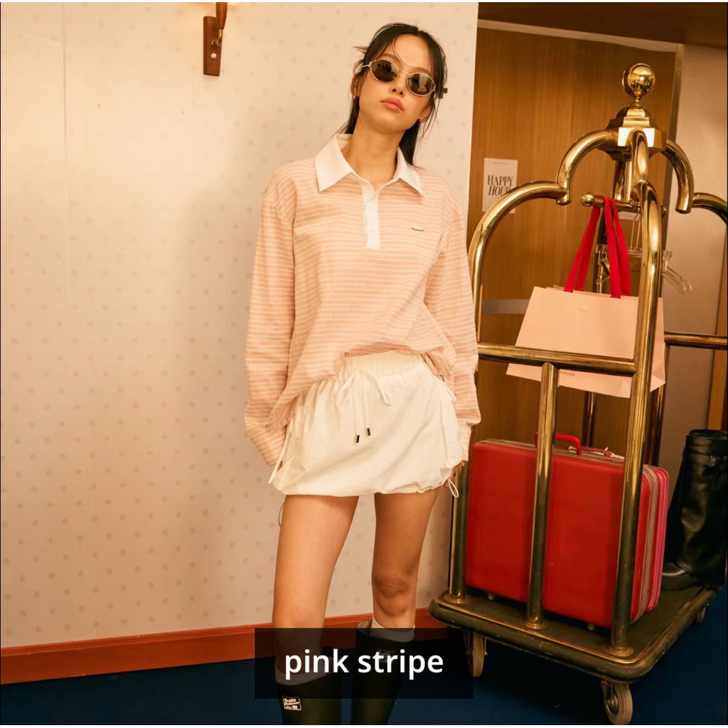 lookbooklookbook rugby top เสื้อแขนยาว -pink strip <chest 42" length 26">