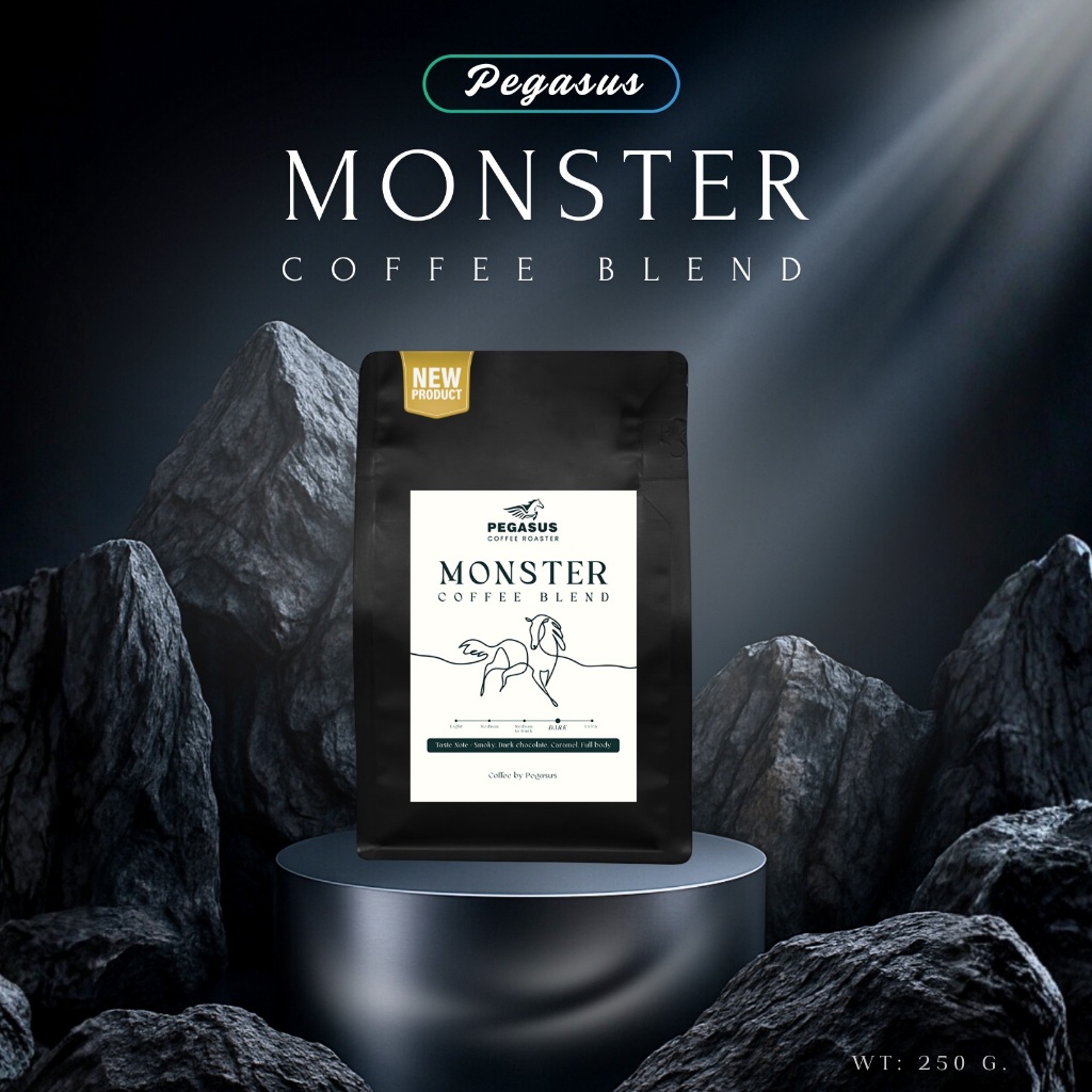 Pegasus Monster Coffee Blend เมล็ดกาแฟคั่วเข้มผสมกลาง ผสมระหว่างโรบัสต้าและอราบิก้า ขนาด 250 กรัม