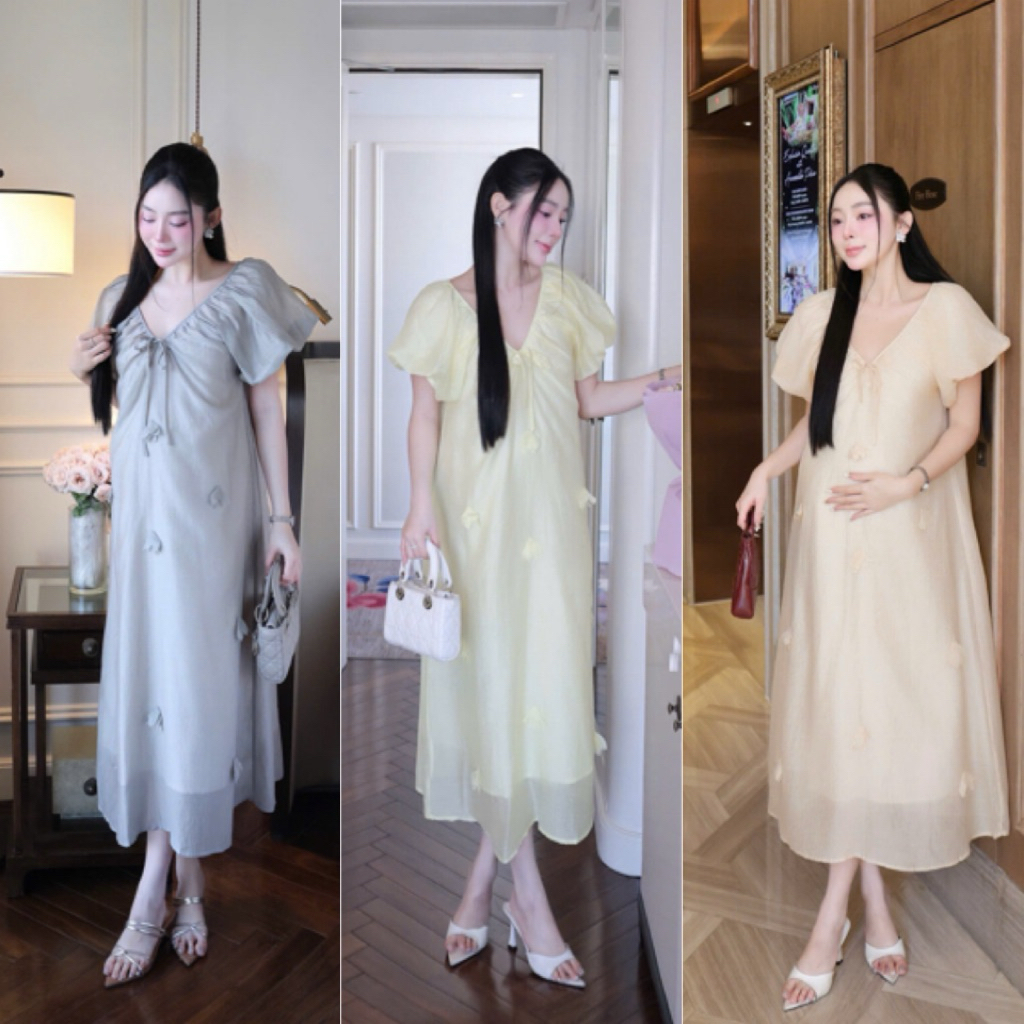 เดรสคลุมท้องยาว แต่งดอกไม้ คอวี แขนพองเล็กน้อย