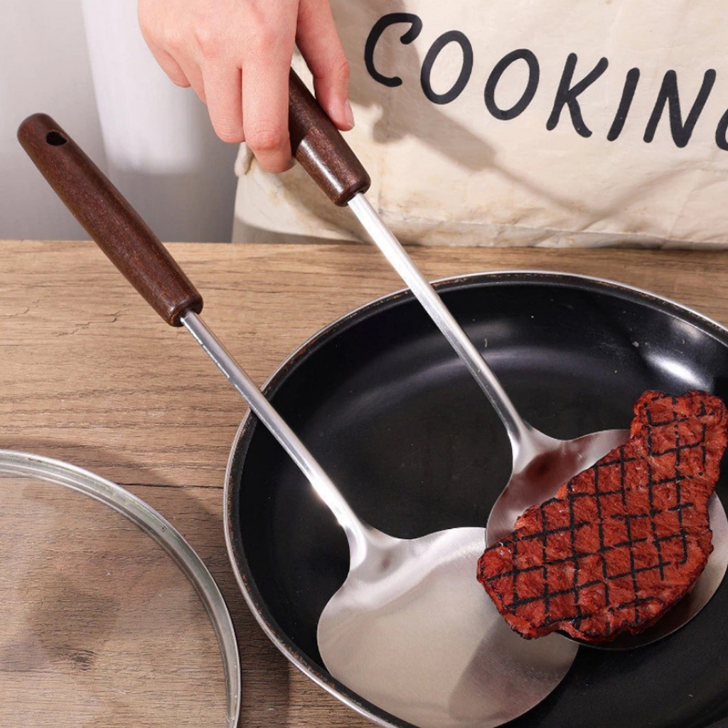 ตะหลิว สแตนเลส  ตะหลิวด้ามไม้ ตะหลิวทรงเห็ด ตะหลิวทำอาหาร 2 in 1 ฟู้ดเกรด 304 คุณภาพดี - รูปที่ 4