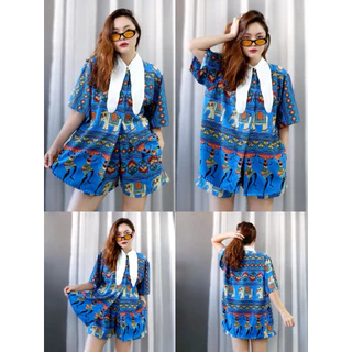 ชุดเซ็ท เสื้อเชิ้ตลายช้างปกขาว+กางเกงขาสั้น
