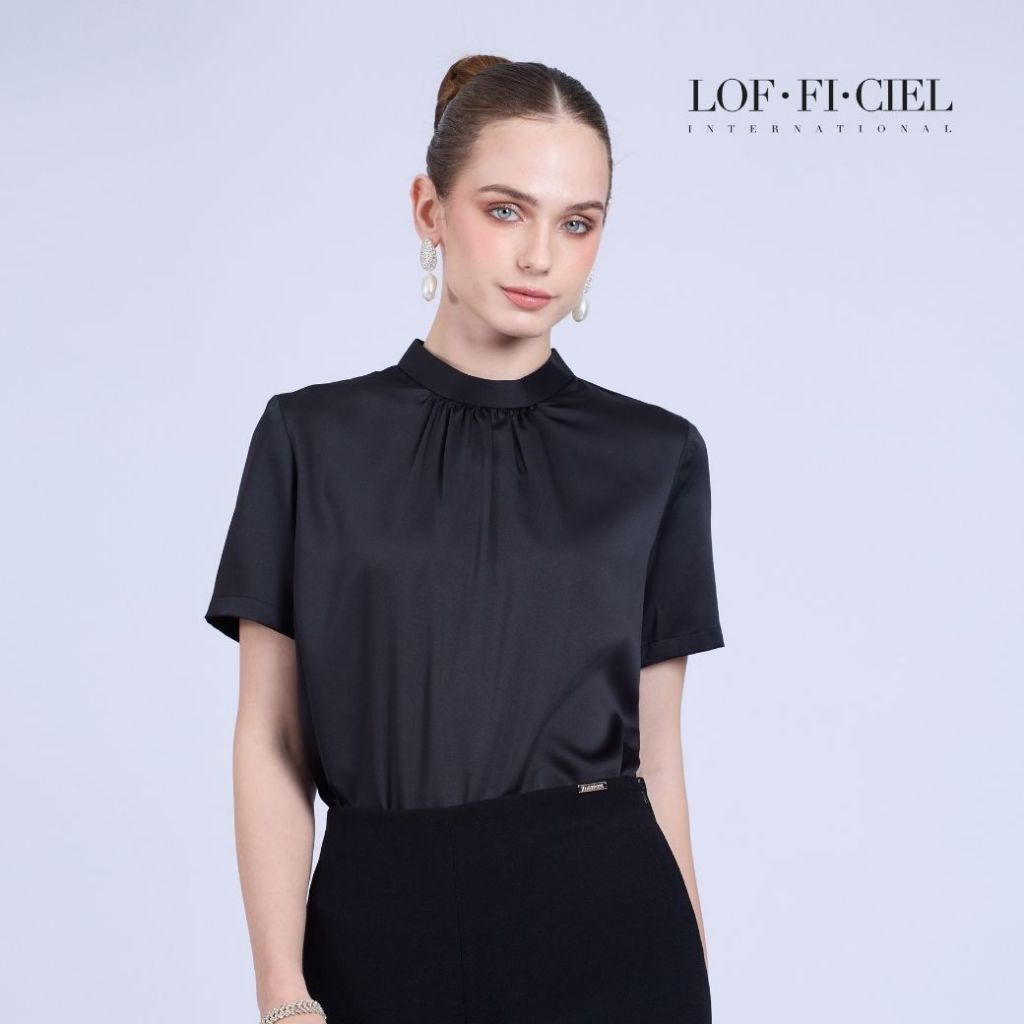 LOF-FI-CIEL Woman's blouse Silk Satin เสื้อผู้หญิง คอตั้ง แขนสั้น สีดำ F9XXBL