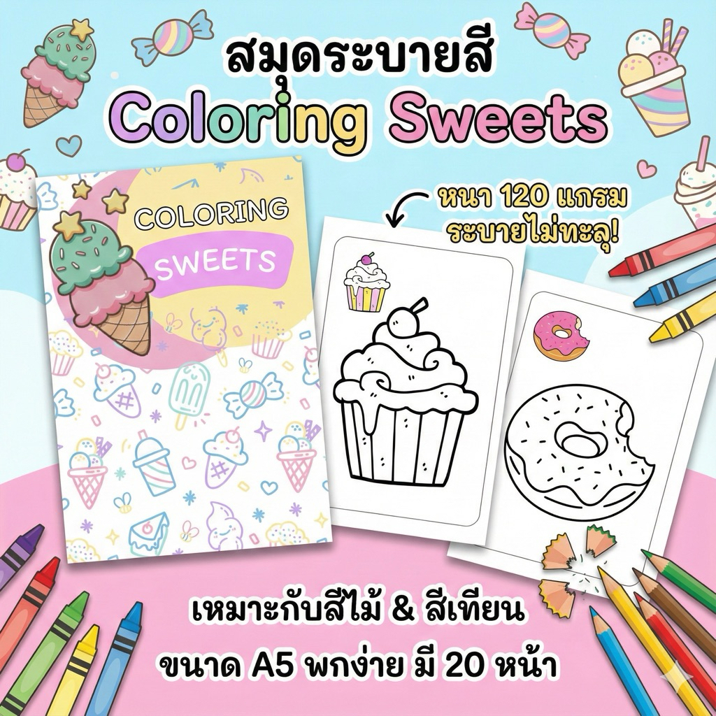 สมุดระบายสีสำหรับเด็ก ขนาด A5 หมวด Sweets ขนมและของหวาน เล่ม 1