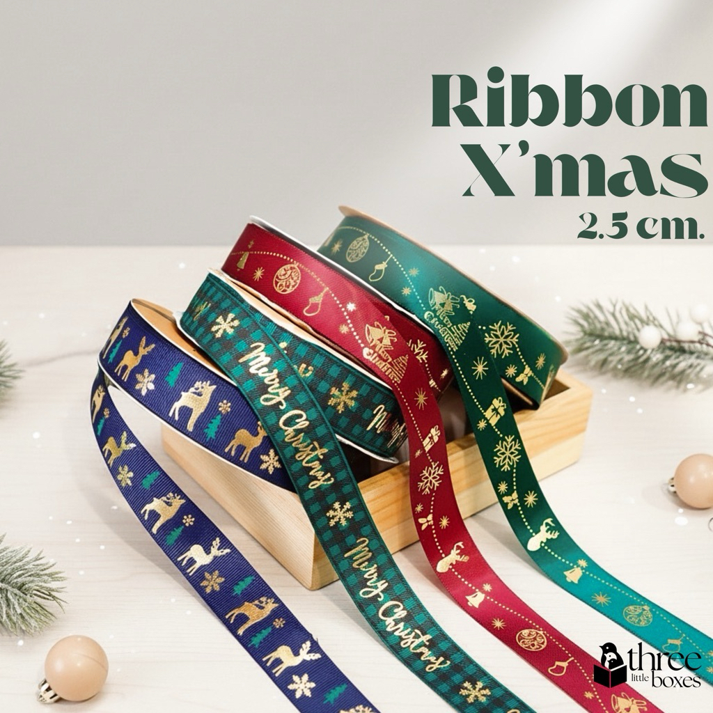 ริบบิ้นซาติน ลายคริสมาส Christmas หน้ากว้าง 1.6 cm.{แบ่งตัดขาย} ริบบิ้นผูกกล่อง ริบบิ้นทำโบว์