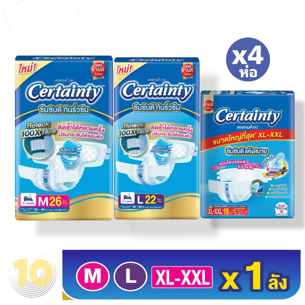 Certainty เซอร์เทนตี้ ผ้าอ้อมเทปกาว สำหรับผู้ใหญ่ (เลือกขนาด) **ขายยกลัง 4 ห่อ**