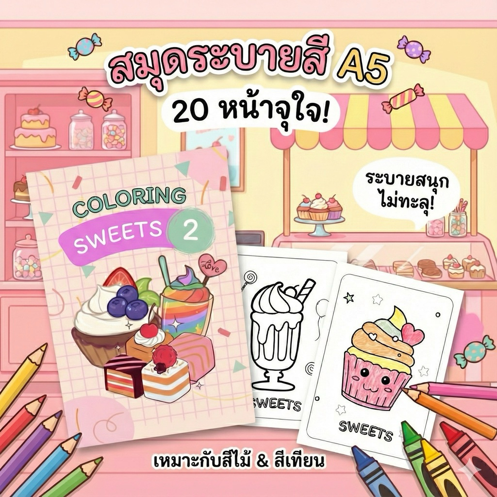 สมุดระบายสีสำหรับเด็ก ขนาด A5 หมวด Sweets ขนมของว่าง เล่ม 2