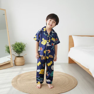 Babyonline(Y560)2J5 (ส่งด่วน1วัน) ชุดนอนผ้าซาตินเด็กผู้ชายและเด็กผู้หญิงแขนสั้นกางเกงขายาว ผ้านุ่ม ลื่น ใส่สบาย