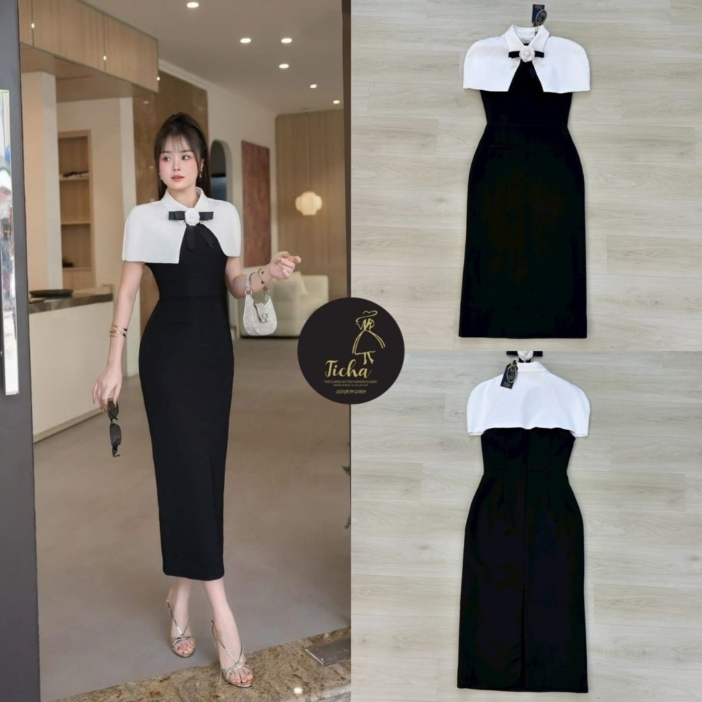 Ticha Set 2 ชิ้น เดรสยาวแขนกุดสีดำทรงเข้ารูป อกเสริมฟองน้ำ มีชับในตัว มาพร้อมเสื้อคลุมไหล่สั้นสีขาวมีเข็มกลัดดอกไม้สีขาว