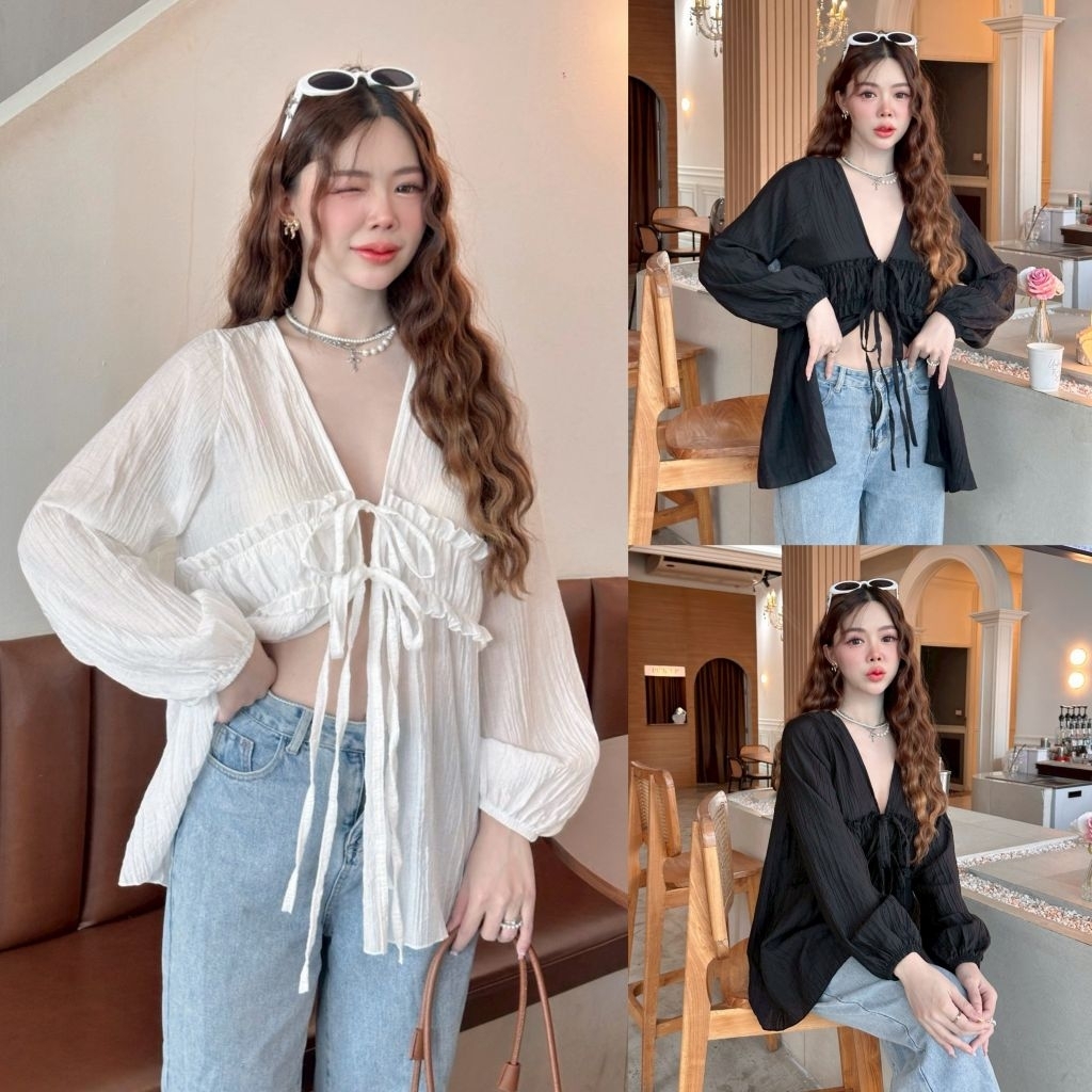 New.เสื้อแขนยาวจับจีบสม็อคอก ผูกโบว์หน้า Free size 32 – 44 นิ้ว ใส่สวย เป็นผ้าสลาฟ.