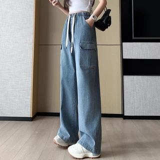 S~5XL Jeans Blue Elastic waistband pants กางเกงทรงตรงสีน้ำเงินแบบเทรนด์ กางเกงขายาวสวมสบาย Baggy jeans HOT