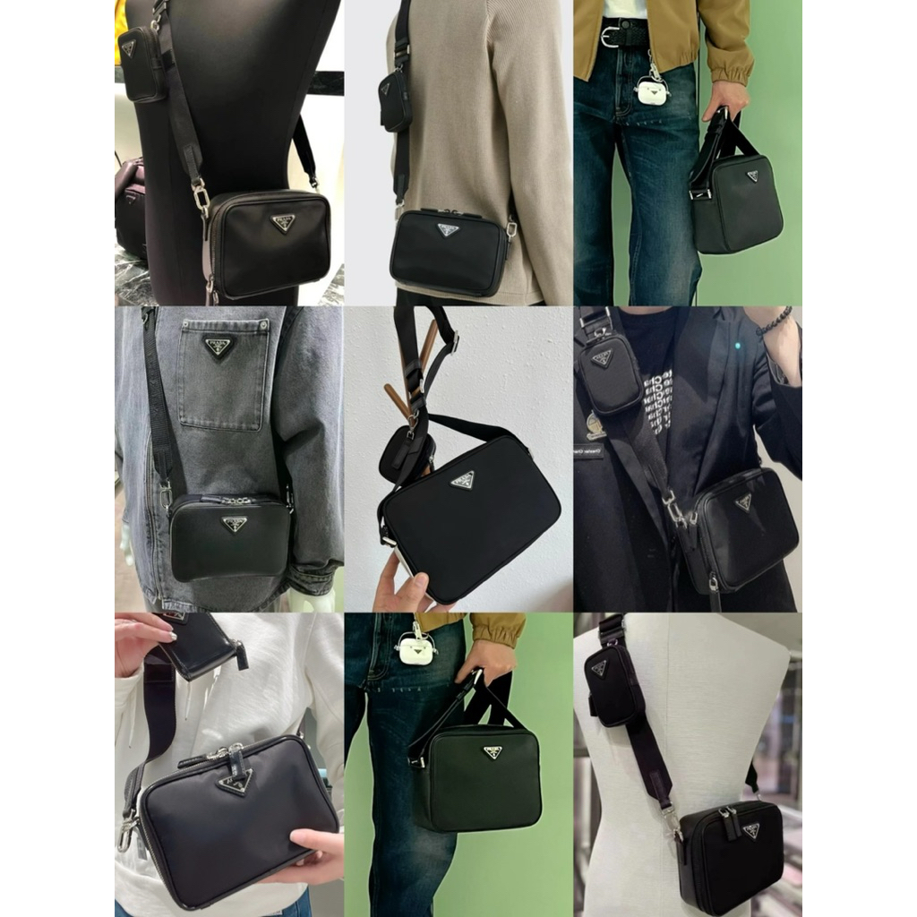 🧡 100% ของแท้ PRDA สามเหลี่ยมโลโก้ไนลอน / หนังวัสดุไหล่เดียวกระเป๋าสะพาย 👜