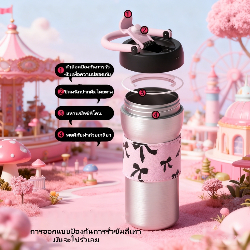 โลกสีชมพู แก้วน้ำสแตนเลส เก็บความเย็น 316 ขนาด 720ml รักษาอุณหภูมิและความเย็นได้ 24 ชั่วโมง แถมพวงกุญแจผีเสื้อ - รูปที่ 5