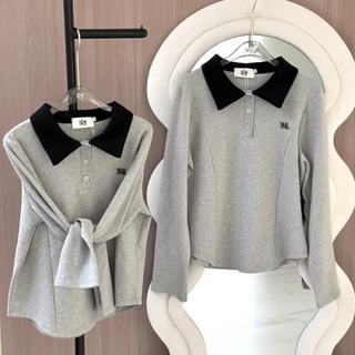 SISSY : เสื้อแขนยาวคอปกทูโทน (S-XXL) ชายโค้ง ผ้านุ่มยืดแน่นใส่สบาย แต่งลายเส้นใส่แล้วหุ่นสับเอวคอด