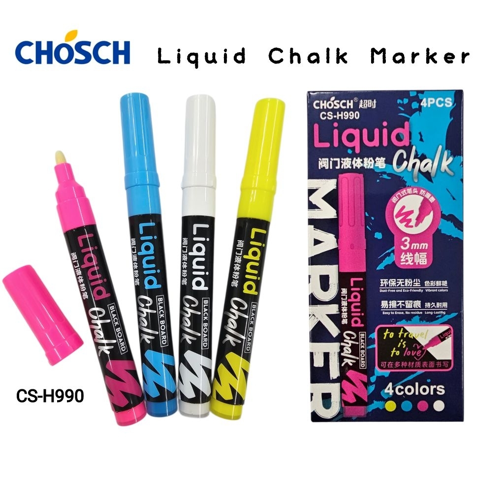 Chosch ปากกาชอล์คมาร์คเกอร์ 4 สี CS-H990 (Liquid Chalk Marker) ปากกาหัวสักหลาด (ราคาต่อ 1 กล่อง 4 สี