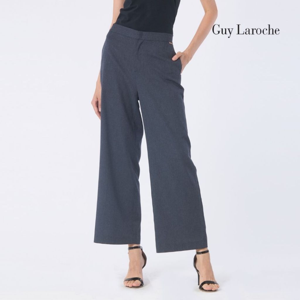 Guy Laroche กางเกงทำงาน เอวสูง ขากว้าง ขอบเอวใส่ยาง สีกรมท่า GBBTNV