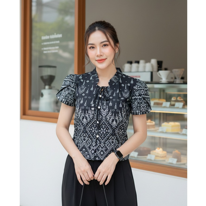 เสื้อผ้าฝ้ายพื้นเมืองคอจีนแต่งแขนกลีบบัว พิมพ์ลายไทย