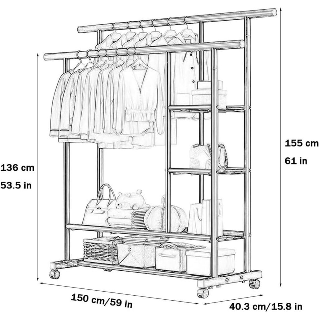 ราวแขวนผ้าสองบาร์เหล็กพร้อมล้อชั้นวางของ 2 ชั้น พร้อมชั้นวางข้างรับน้ำหนักได้มากกว่า20KG ราวแขวนผ้า - รูปที่ 7