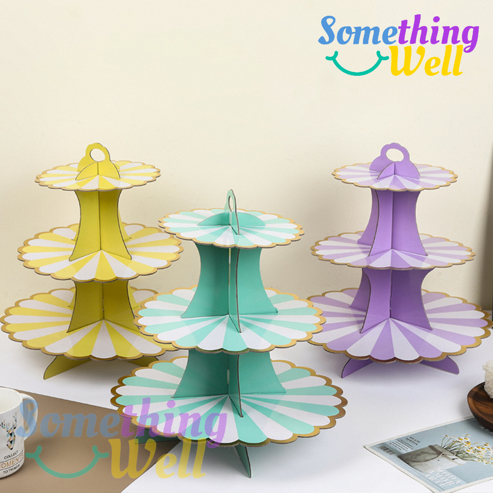 ชั้นวางเค้ก 3 ชั้น แบบกระดาษ สีพาสเทล | สำหรับงานเลี้ยง งานวันเกิด งานจัดเบรก งานปาร์ตี้