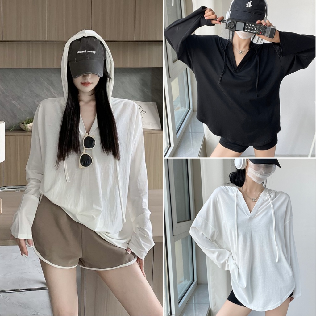 cherryshop พร้อมส่ง เสื้อยืดแขนยาวมีฮู้ดสีขาวเรียบง่ายสำหรับผู้หญิง คอวี ลำลองหลวมๆ เหมาะสำหรับการออกกำลังกาย