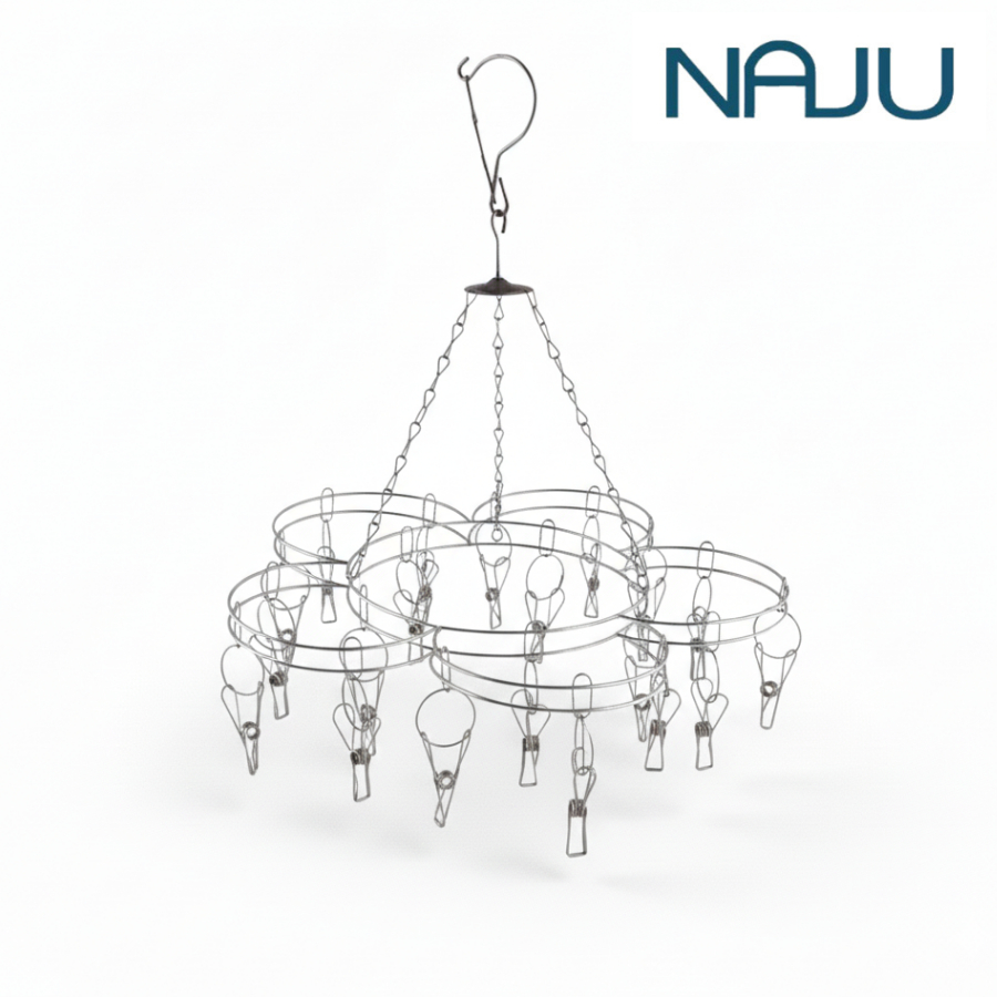 Naju ที่หนีบผ้า ไม้แขวนเสื้อสแตนเลส ราวตากถุงเท้า ห่วงตากผ้า Hanger Rack สแตนเลสหนา 20 ตัวหนีบ