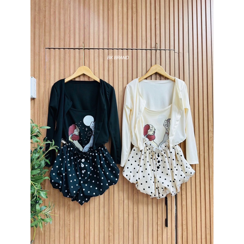 เซต3ชิ้น สายเดี่ยวเสื้อคลุมแขนยาวรีดน้องหมา กางเกงบอลลูนลายจุด