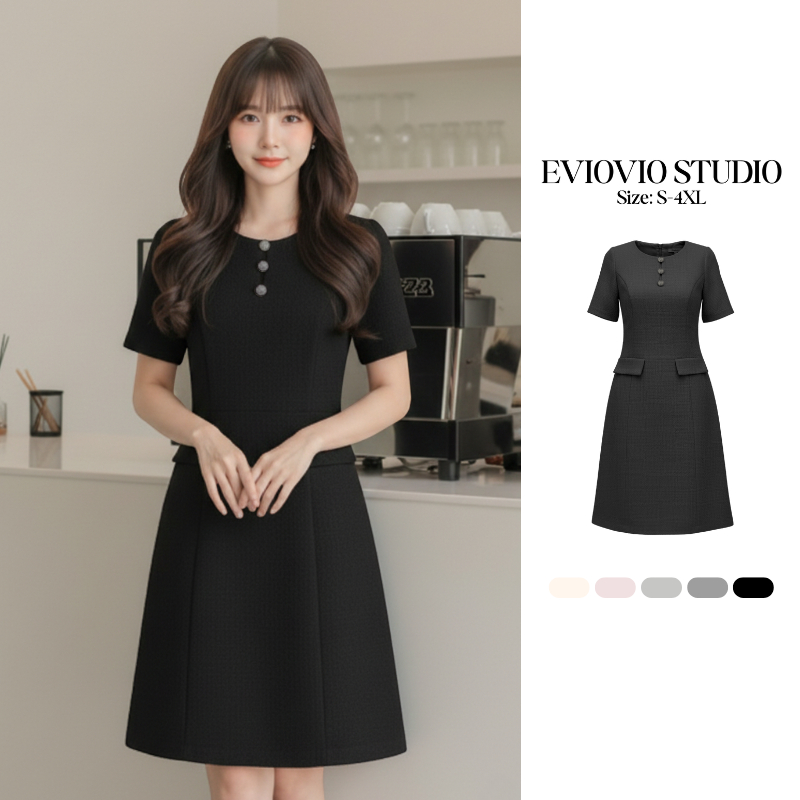 【EVIOVIO】🧸🧺เดรสุภาพ กระโปรงทรงเอ ยาวพอดี คอกลม ใส่ได้ทุกโอกาส เดรสสาวพลัสไซซ์ 💌💘