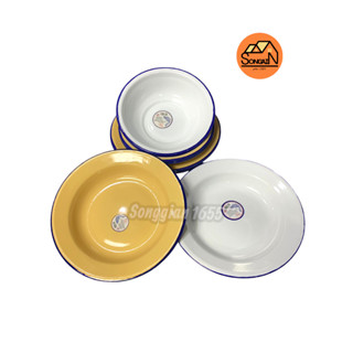 จาน ชาม สังกะสี จานชามสังกะสีขอบน้ำเงิน สีขาว/สีครีม GOGO