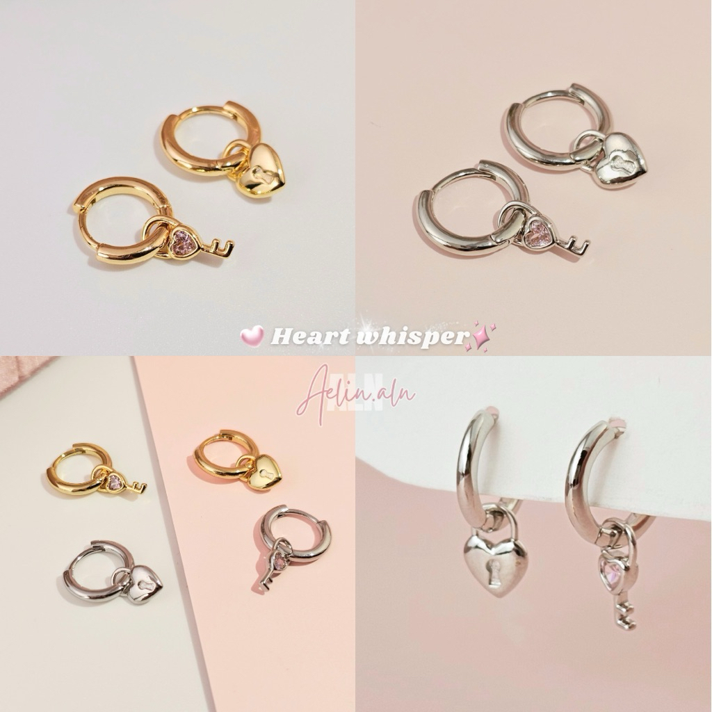 Heart whisper hoops earrings - Aelin.ALN ต่างหูห่วงพร้อมจี้กุญแจรูปหัวใจและลูกกุญแจ น่ารักๆ แพ้ง่ายใส่ได้ค่ะ( #H11-03 )