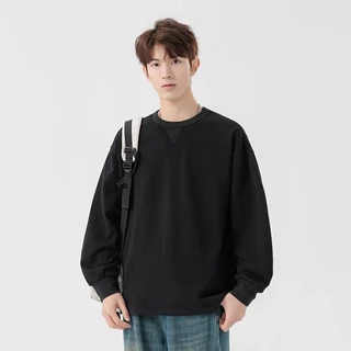 B&R เสื้อยืดแขนยาว Long Sleeve Tee คอกลม สีล้วน สไตล์อเมริกันวินเทจ หลวมใส่สบาย แฟชั่นแมทช์ง่าย สาม
