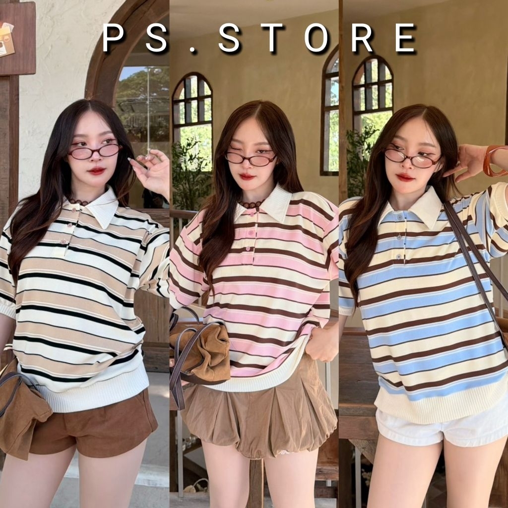 Polo top  : เสื้อคอปกโปโลแขนสั้นลายริ้ว กระดุมใช้งานจริง ผ้านิ่มใส่สบาย ราคา ถูกที่สุด ดีลบีเคเค รูปภาพหลัก