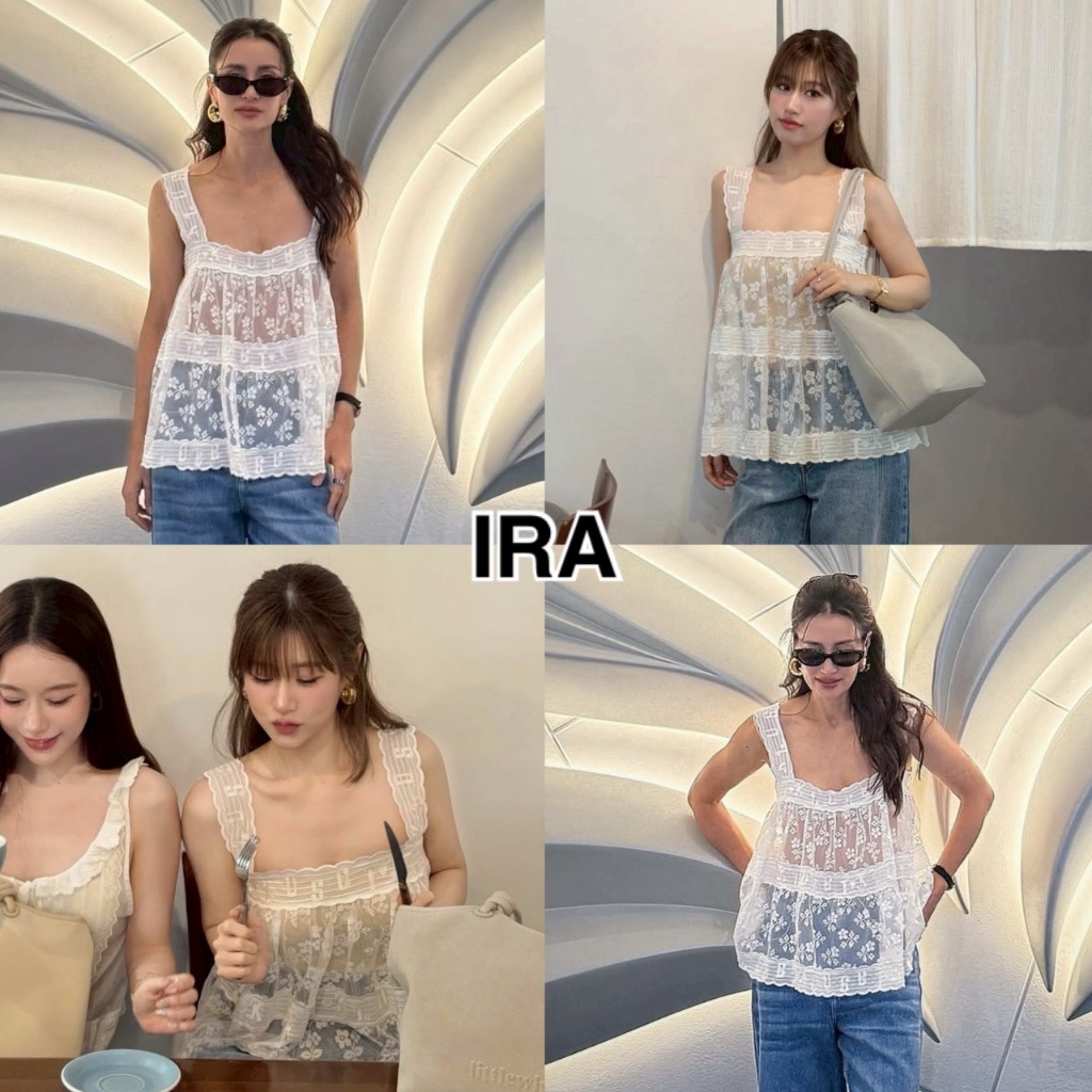 BY IRA (00017)Maverick. Tpo เสื้อครอปสายเดี่ยวลูกไม้ผ้าชีฟอง ดีเทลแต่งลูกไม้ทั้งตัว มินิมอลสุดๆ