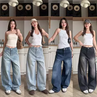 HELLDUL 9906 กางเกงยีนส์ทรงวินเทจ สียีนส์อ่อน ทรงบอลลูน ผ้านิ่ม ไม่บาดผิว