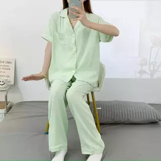ชุดนอนผ้าไหมญี่ปุ่นสีพื้น เเขนสั้น-ขายาว ผ้านิ่มใส่สบาย ฟรีไซส์อก44