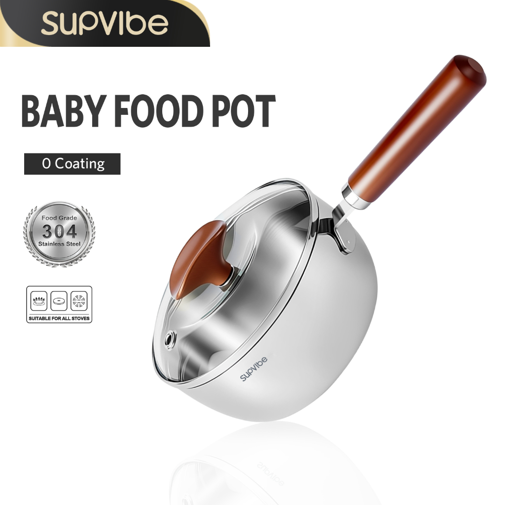 SUPVIBE หม้อซุปสแตนเลส 304 พร้อมฝาแก้ว หม้อมีด้ามจับ มาตราส่วนที่ชัดเจน ใช้ได้กับเตาทุกประเภท เครื่องครัว