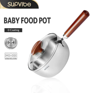 SUPVIBE หม้อซุปสแตนเลส 304 พร้อมฝาแก้ว หม้อมีด้ามจับ มาตราส่วนที่ชัดเจน ใช้ได้กับเตาทุกประเภท เครื่องครัว